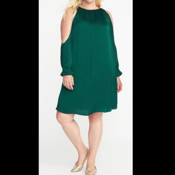 Old Navy Dresses & Skirts - Old Navy Green Cold Shoulder Satin‎ Swing Dress Womens Medium
